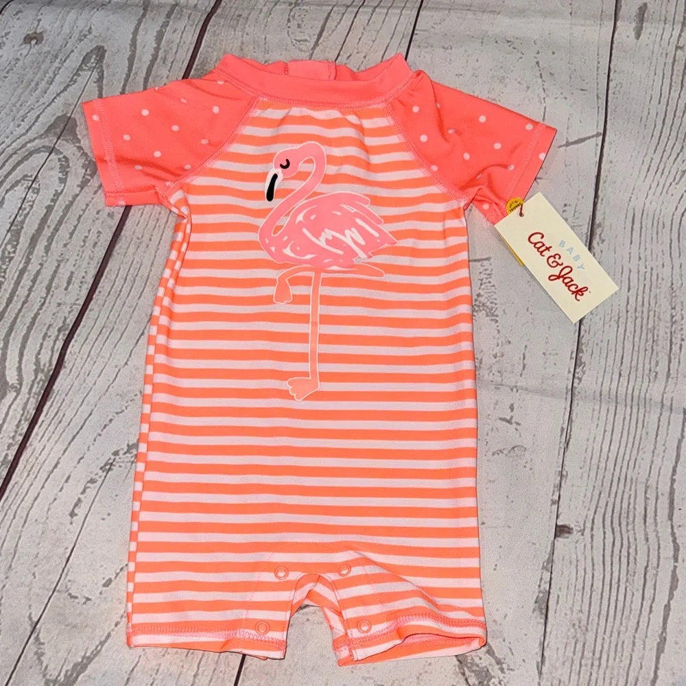 Cat & Jack Coral Stripe Flamingo Swim Romper Rashguard Swimsuit